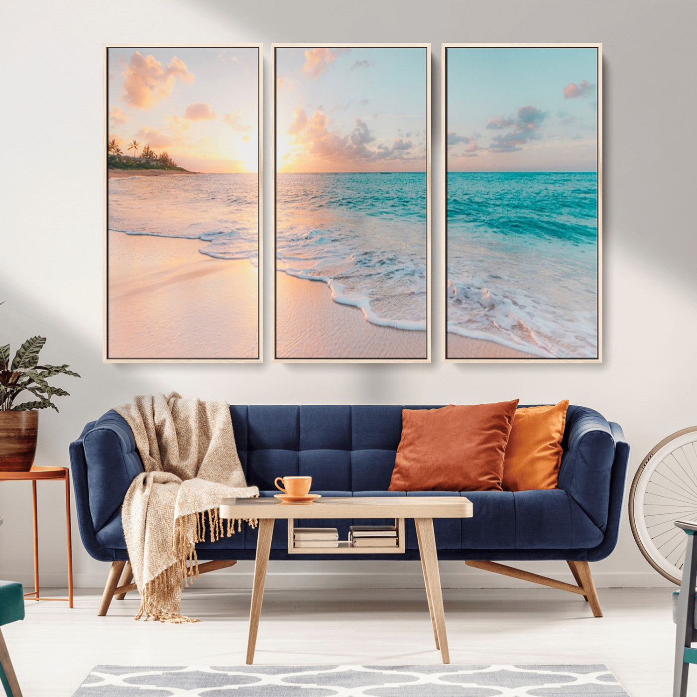MGV-FC-48X32-3P - Beach Sunrise Wall Art, Coastal Seascape Canvas Print, Ocean Wave Multi-Panel Giclee, Coastal Sunset Beach Scene for Modern Decor