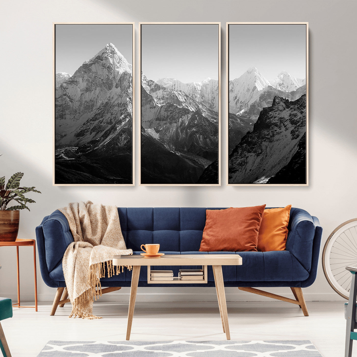 MGV-FC-48X32-3P - Everest Himalaya Mountain Peaks Black & White Triptych Canvas Art – Mountain Wall Decor for Minimalist Interiors