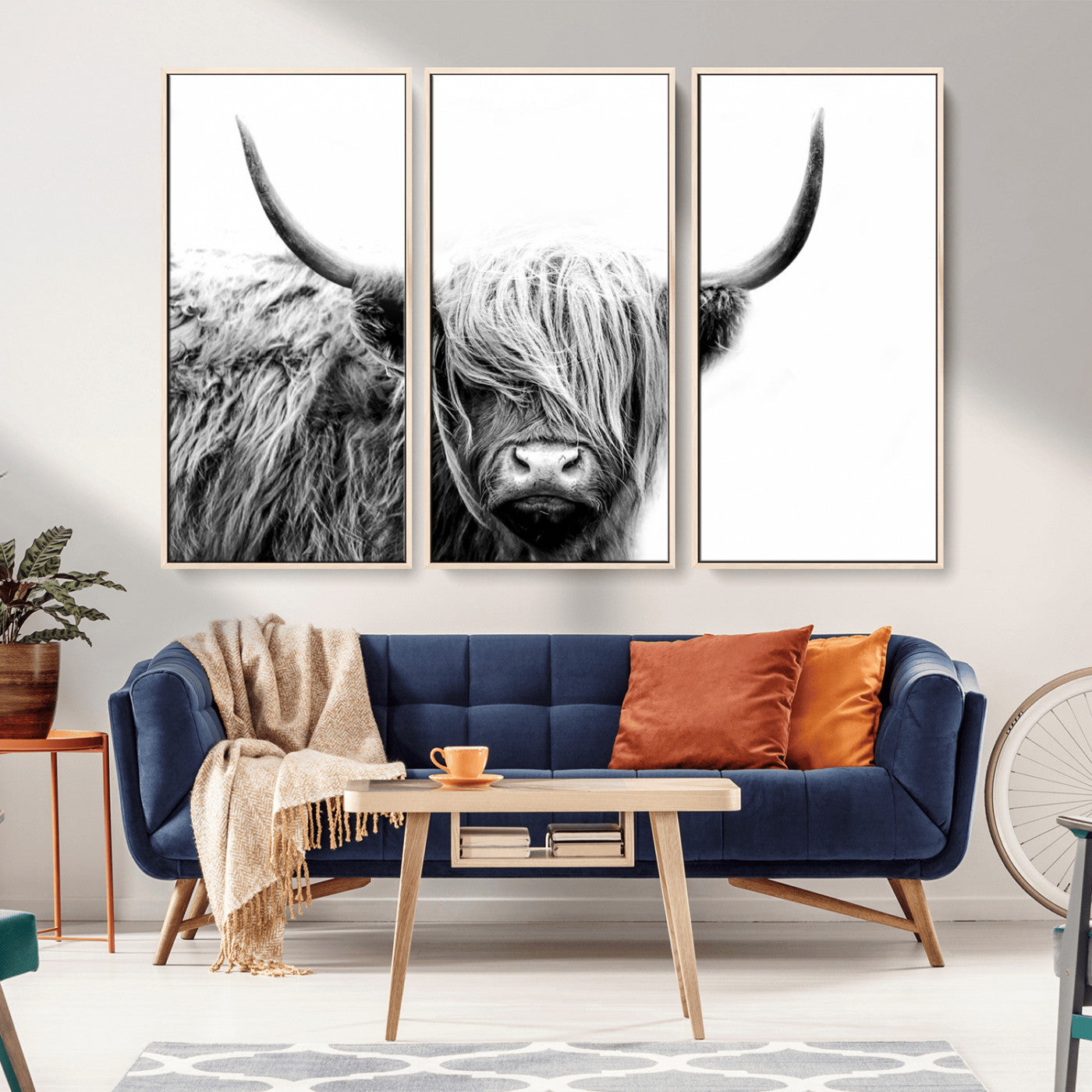 MGV-FC-48X32-3P - Black White Scottish Highland Cow Cattle Art Print Farmhouse Wall Art Canvas Print