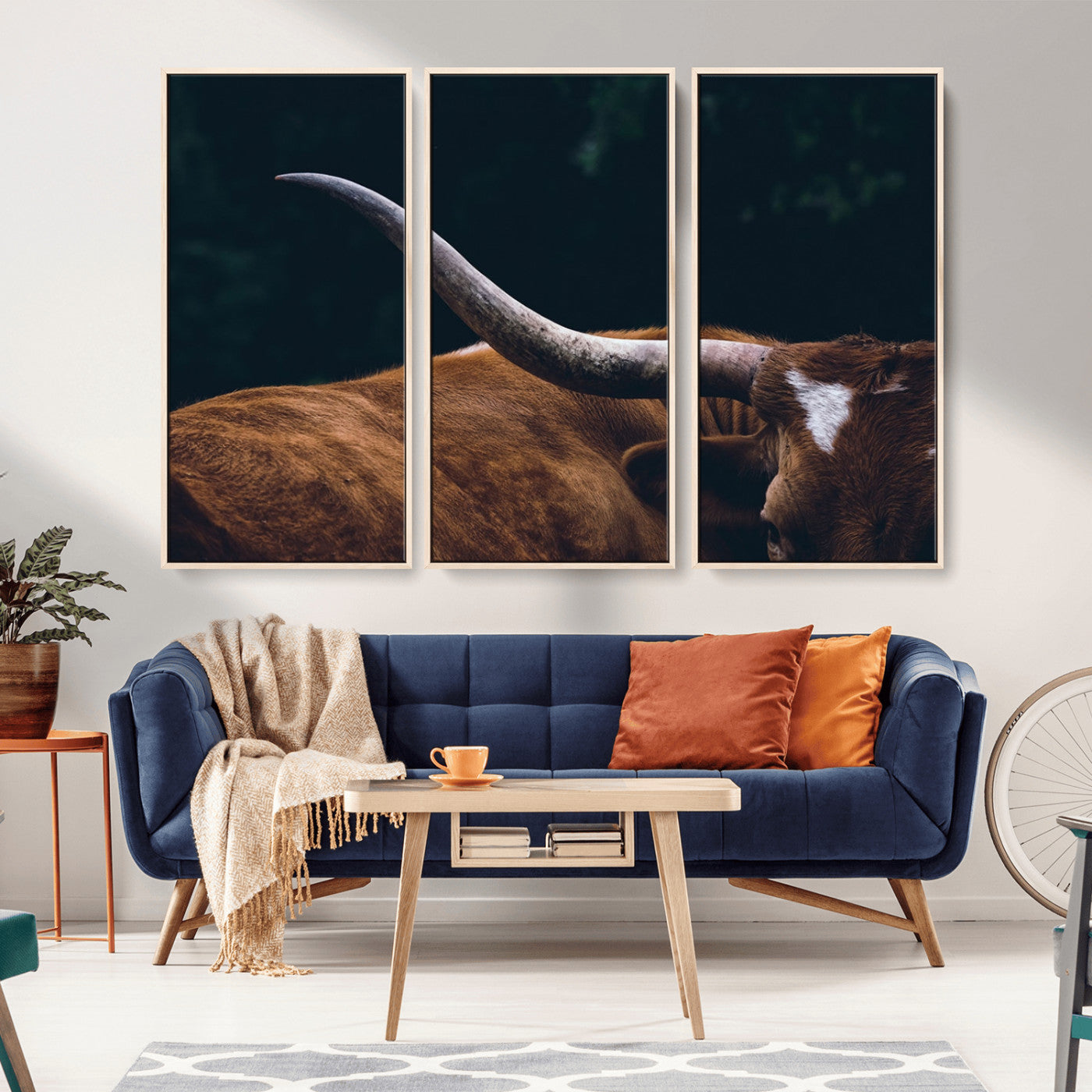 MGV-FC-48X32-3P - Texas Longhorn Bull Wall Art Canvas Print - Large Framed Canvas Wall Art, Animal Print for Rustic Home or Office Décor, Farmhouse Cabin Wall Decor