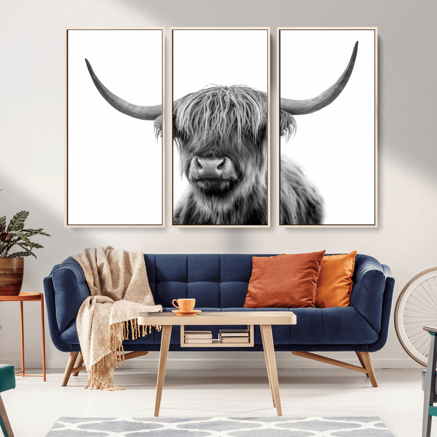 MGV-FC-48X32-3P - Grayscale Scottish Highland Cow Cattle Art Print Farmhouse Wall Art Canvas Print