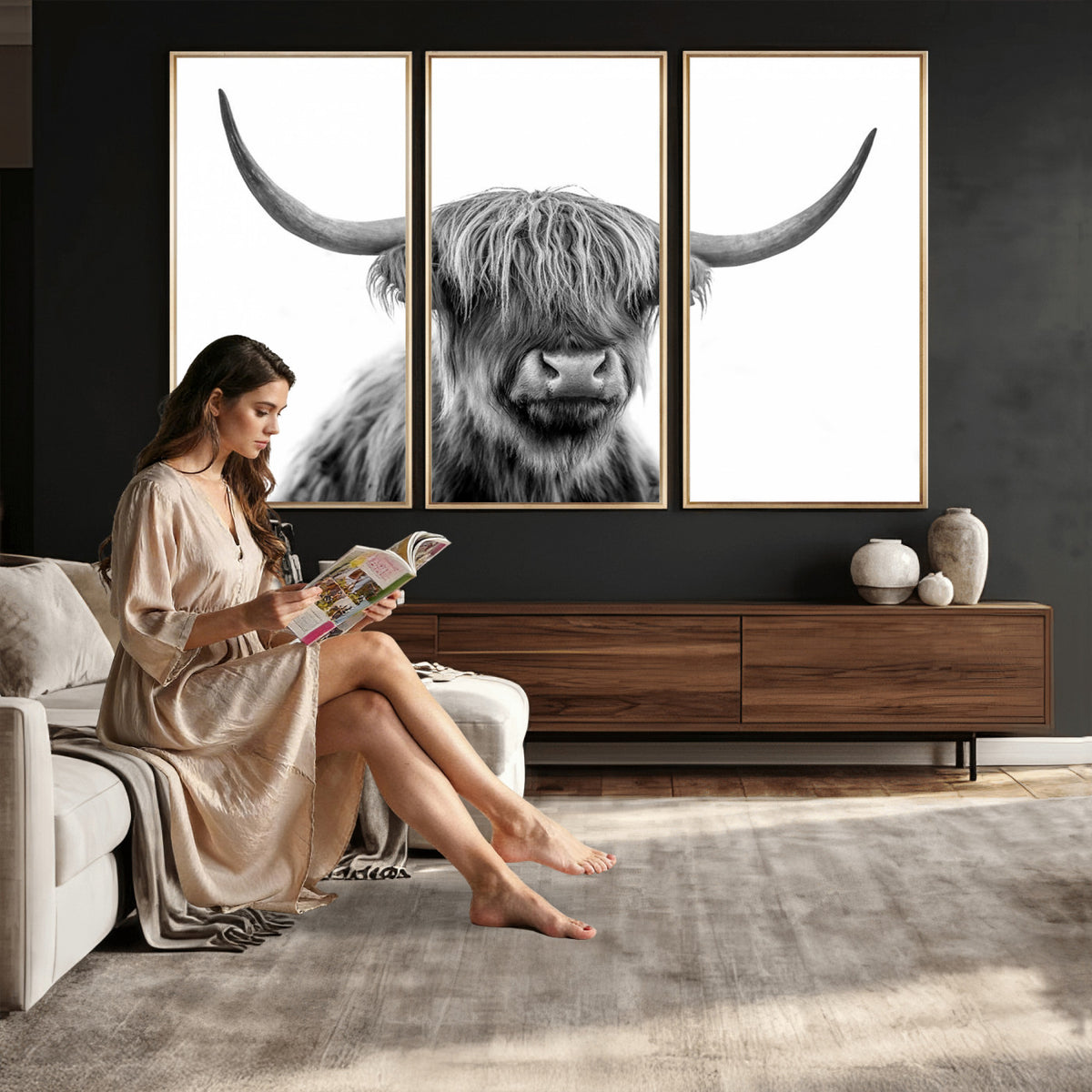 75503-_Poster-30x20 - Scottish Highland Cow Cattle Art Print Wall Art Canvas Print for Farmhouse Decor, Framed Scottish