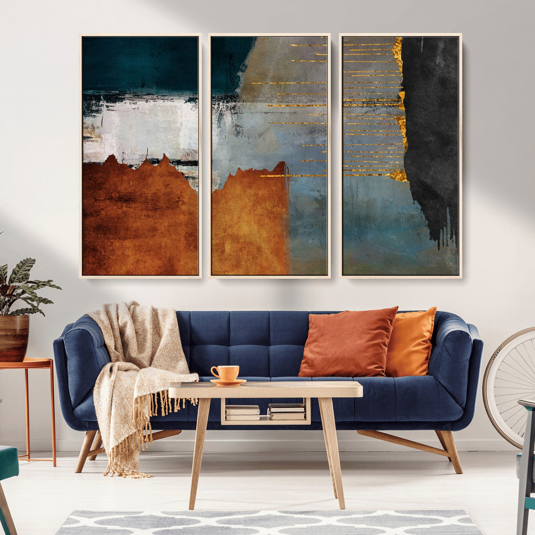 Modern Abstract Canvas Art Canvas Print, Orange, Teal and Gold Triptych, Framed and Ready to Hang