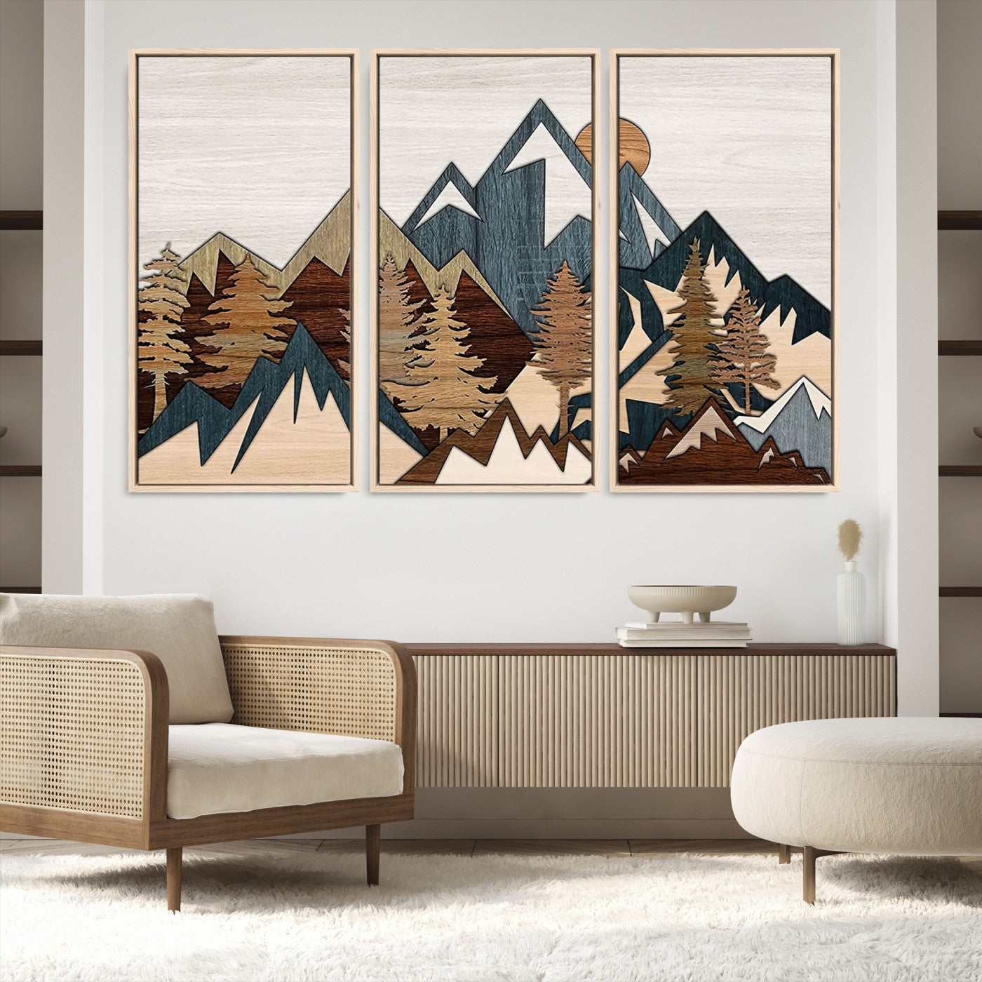67950-MGV-FC-48X32-3P_Natural-Rustic Abstract Wood Panel Effect Canvas Mountain Range Top Wood Wall Art Canvas Print