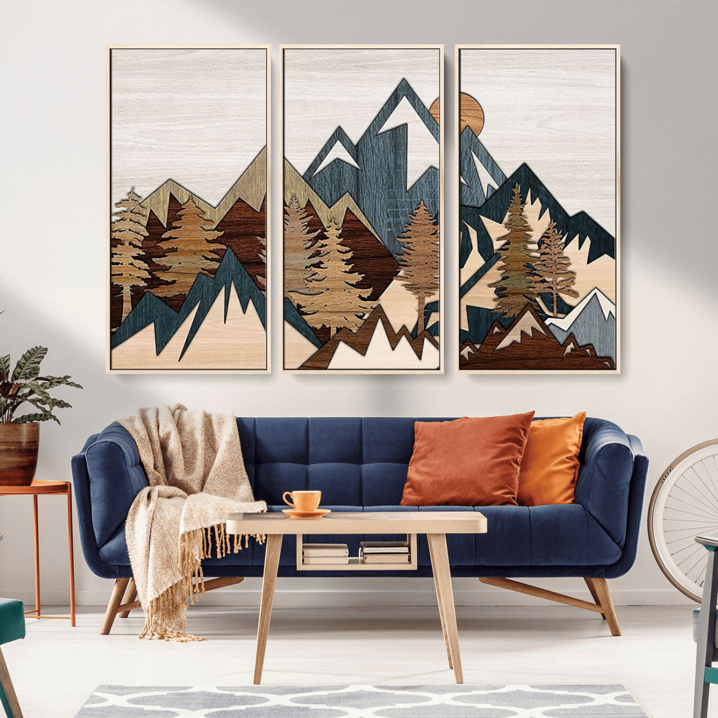 MGV-FC-48X32-3P - Rustic Abstract Wood Panel Effect Canvas Mountain Range Top Wood Wall Art Canvas Print