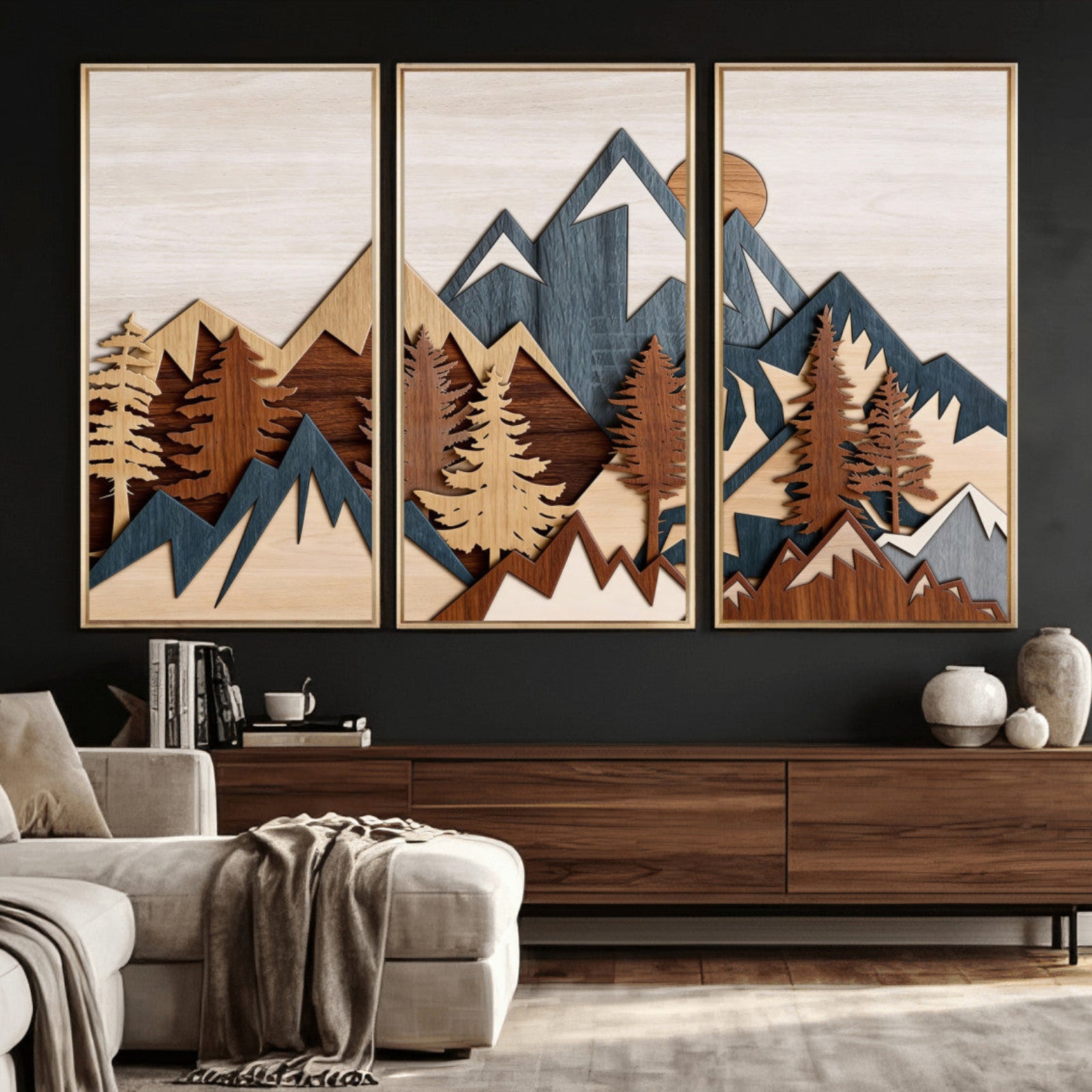 67950-MGV-CV-36X24 - Woodland Mountain Landscape Triptych, Giclee Canvas Art for Modern Home, Rustic Wooden Nature Wall