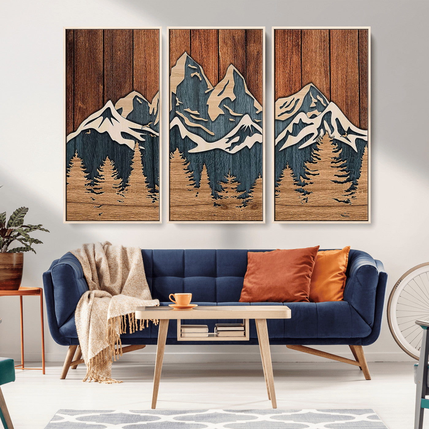MGV-FC-48X32-3P - Rustic Wood Style Mountain Wall Art, Nature Forest Canvas Print, Wooden Textured Mountain Artwork, Handcrafted Landscape Decor for Farmhouse Decor