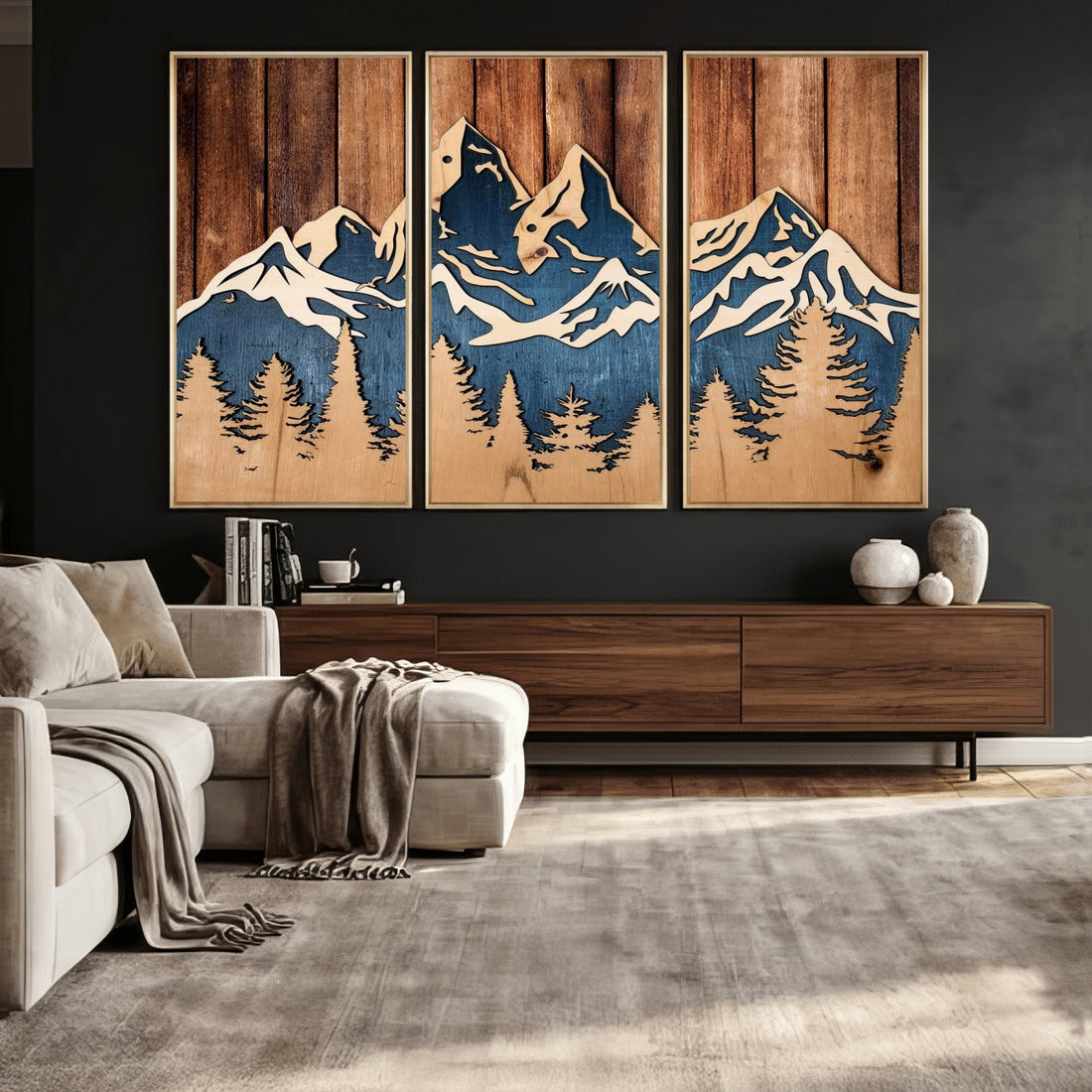 Rustic Wood Style Mountain Wall Art, Nature Forest Canvas Print