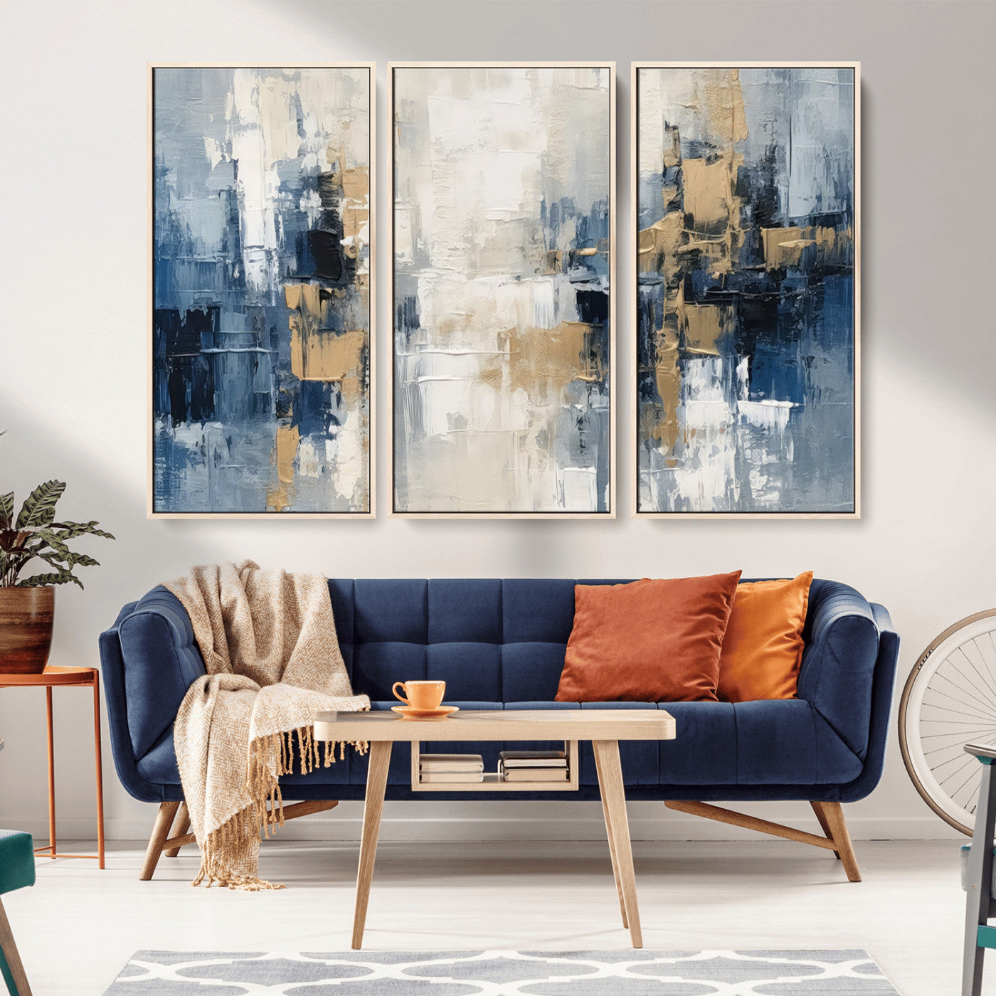 -Modern Abstract Canvas Wall Art in Blue and Gold Tones | Large Contemporary Art for Living Room,