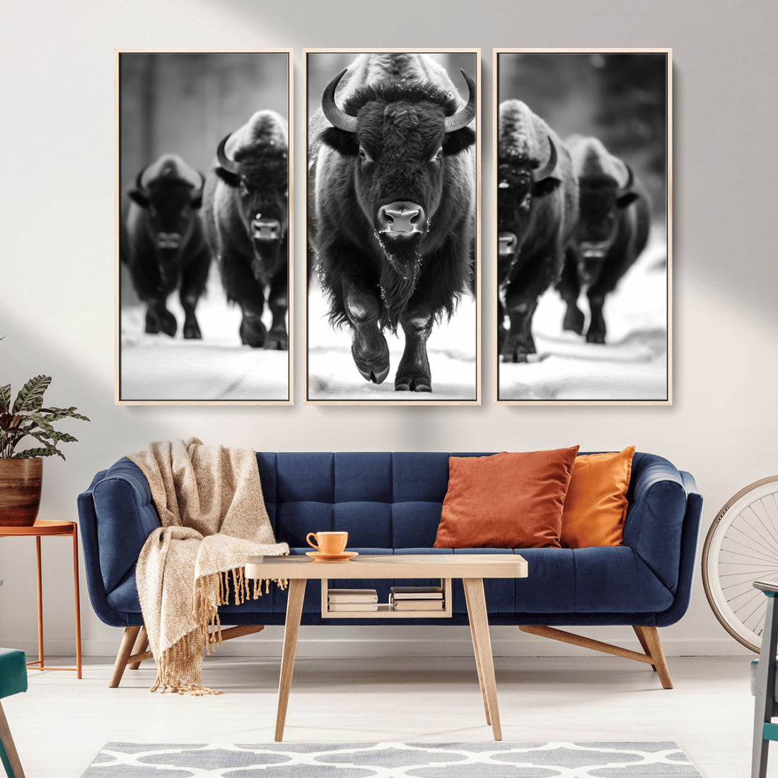 American Bison Art, Buffalo Herd Wall Art Canvas Print, Black and White