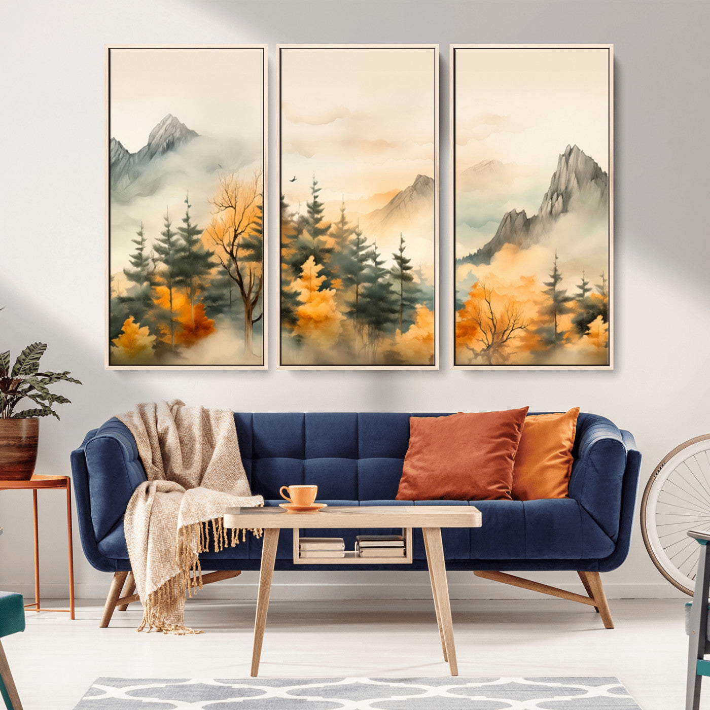 MGV-FC-48X32-3P - Abstract Watercolor Mountains and Trees Autumn Art, Watercolor Mountains and Trees Canvas Print