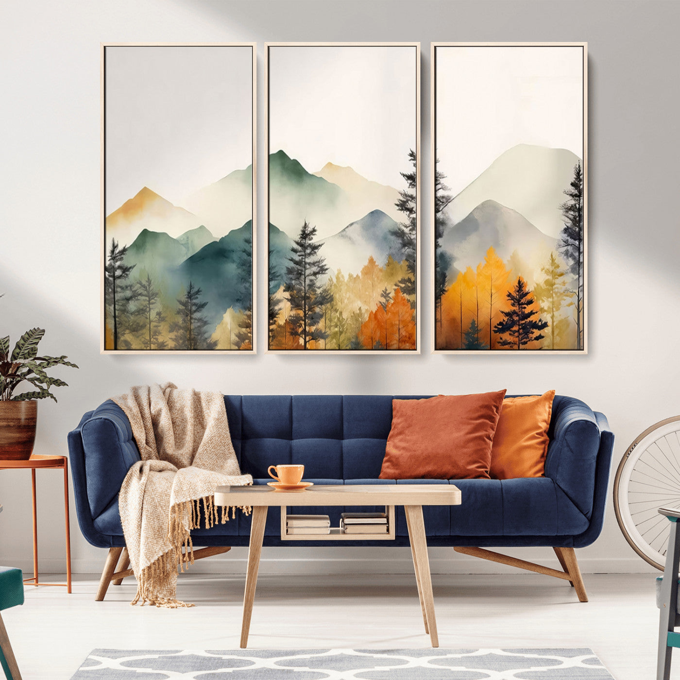 MGV-FC-48X32-3P - Abstract Watercolor Mountains and Trees Autumn Wall Art, Mountains and Trees Autumn Wall Art Canvas