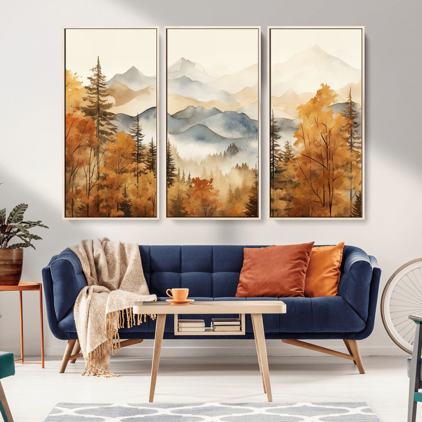 MGV-FC-48X32-3P - Golden Autumn Forest Wall Art | Mountain Landscape Canvas Print for Living Room or Bedroom | Large Wall Decor with Nature-Inspired Design