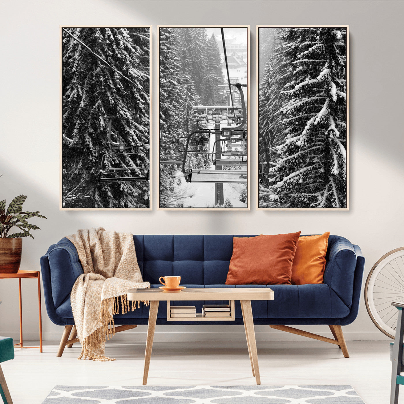 MGV-FC-48X32-3P - Winter Ski Lift Black and White Canvas Wall Art – Alpine Escape in Minimalist Style – Ready to Hang