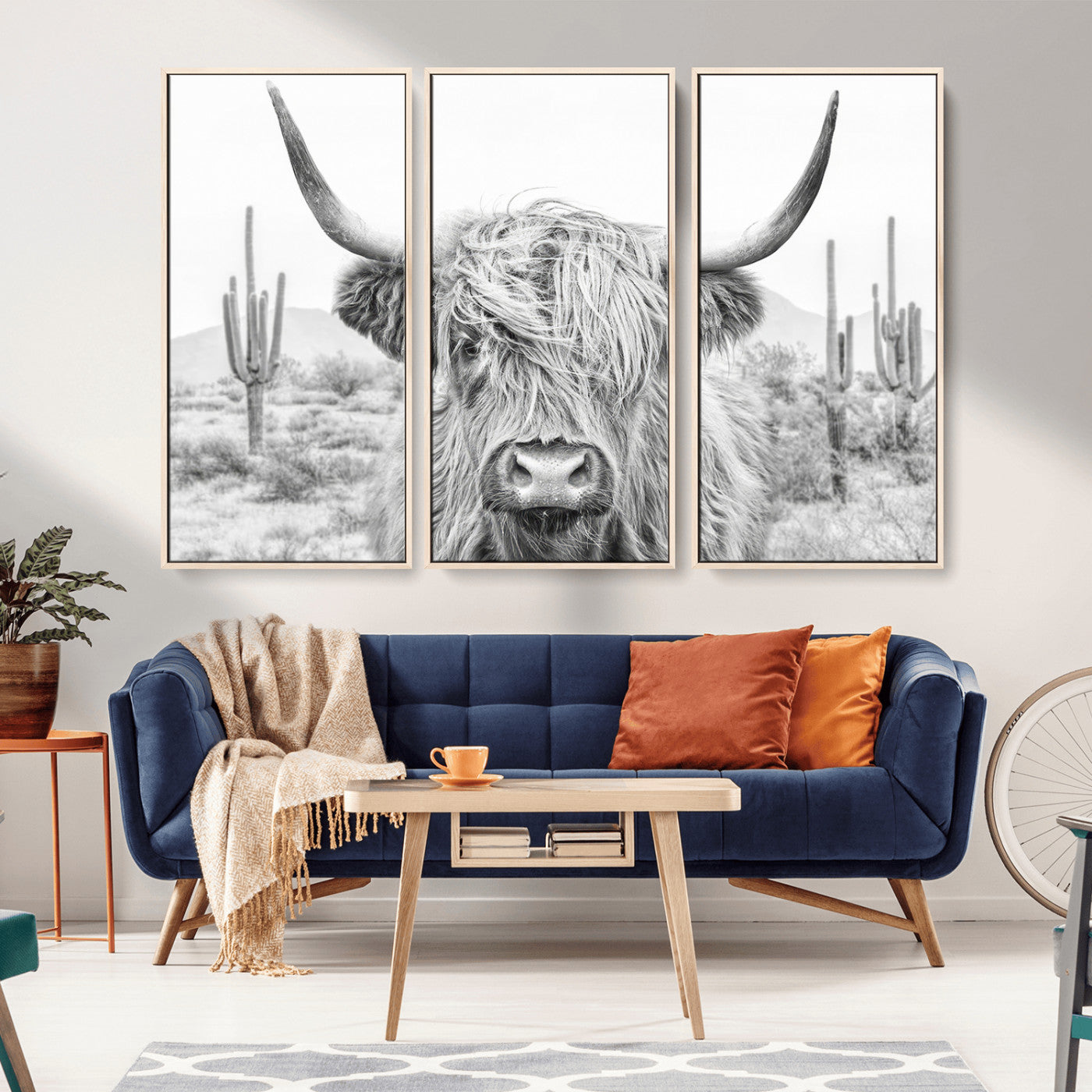 -Rustic Charm | Cow Longhorn Black White Bighorn Wall Art Canvas Print | Farmhouse Wall Art