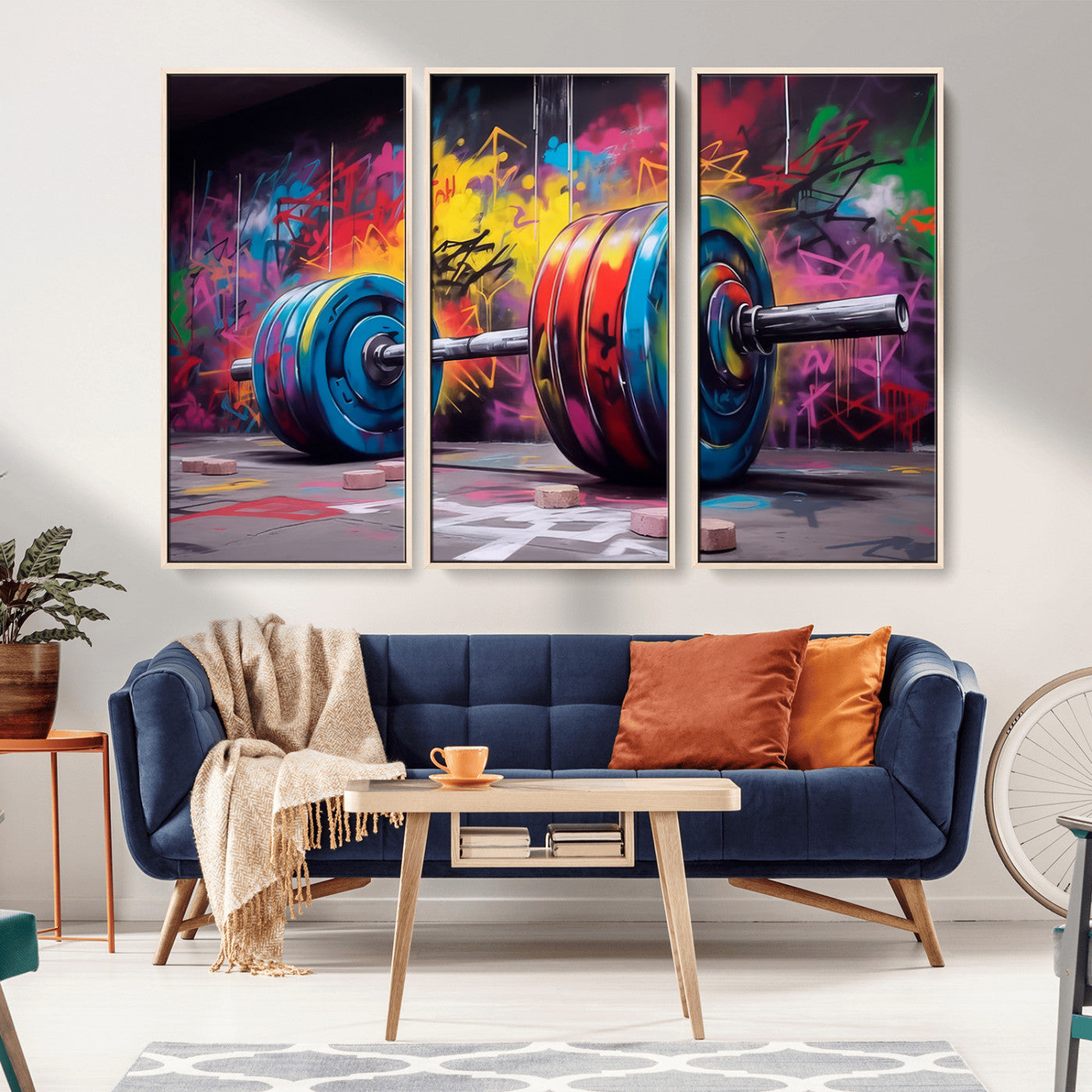 MGV-FC-48X32-3P - Abstract Graffiti Barbell Canvas Wall Art – Urban Fitness Meets Bold Street Art Print - Gym Wall Art Print