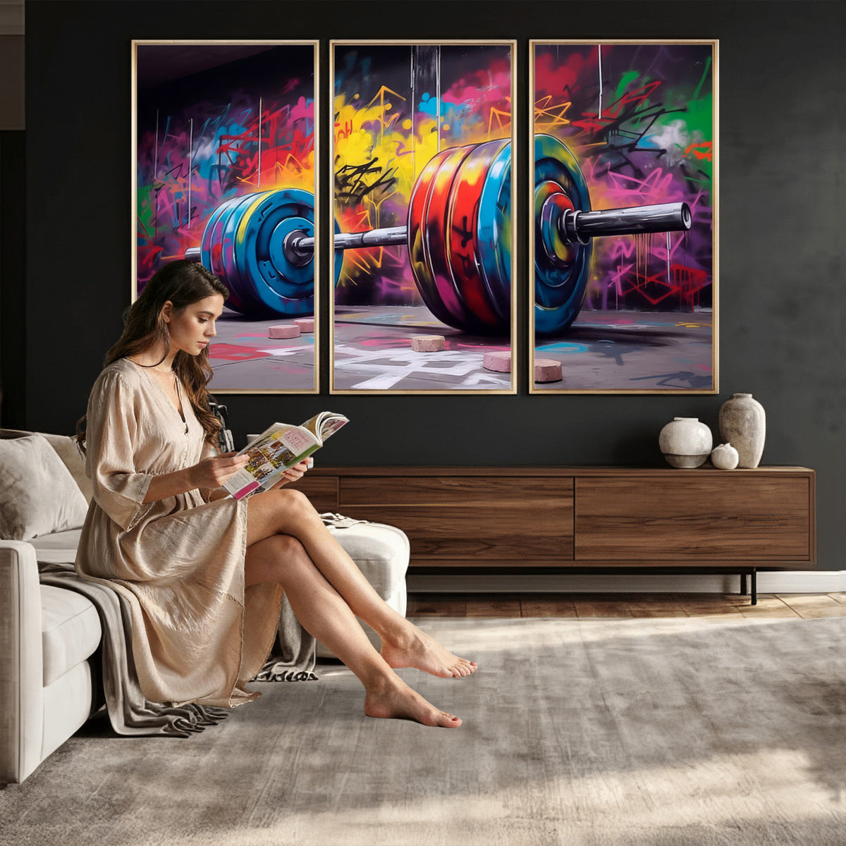 13549-MGV-CV-36X24 - Abstract Graffiti Barbell Canvas Wall Art | Urban Fitness Meets Bold Street Art