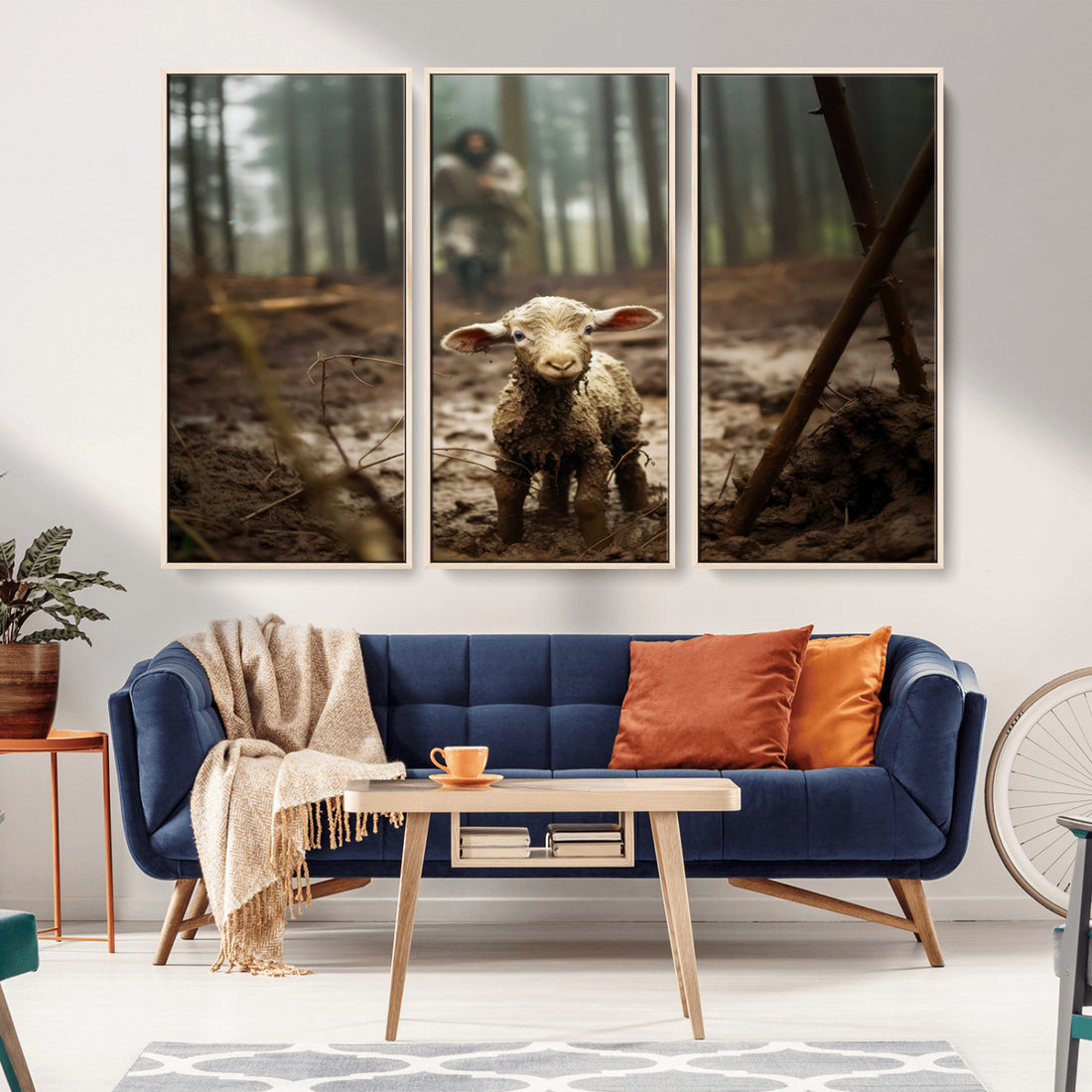 Jesus Lost Lamb Canvas Wall Art | Heartwarming Woodland Scene, Christian Wall Art