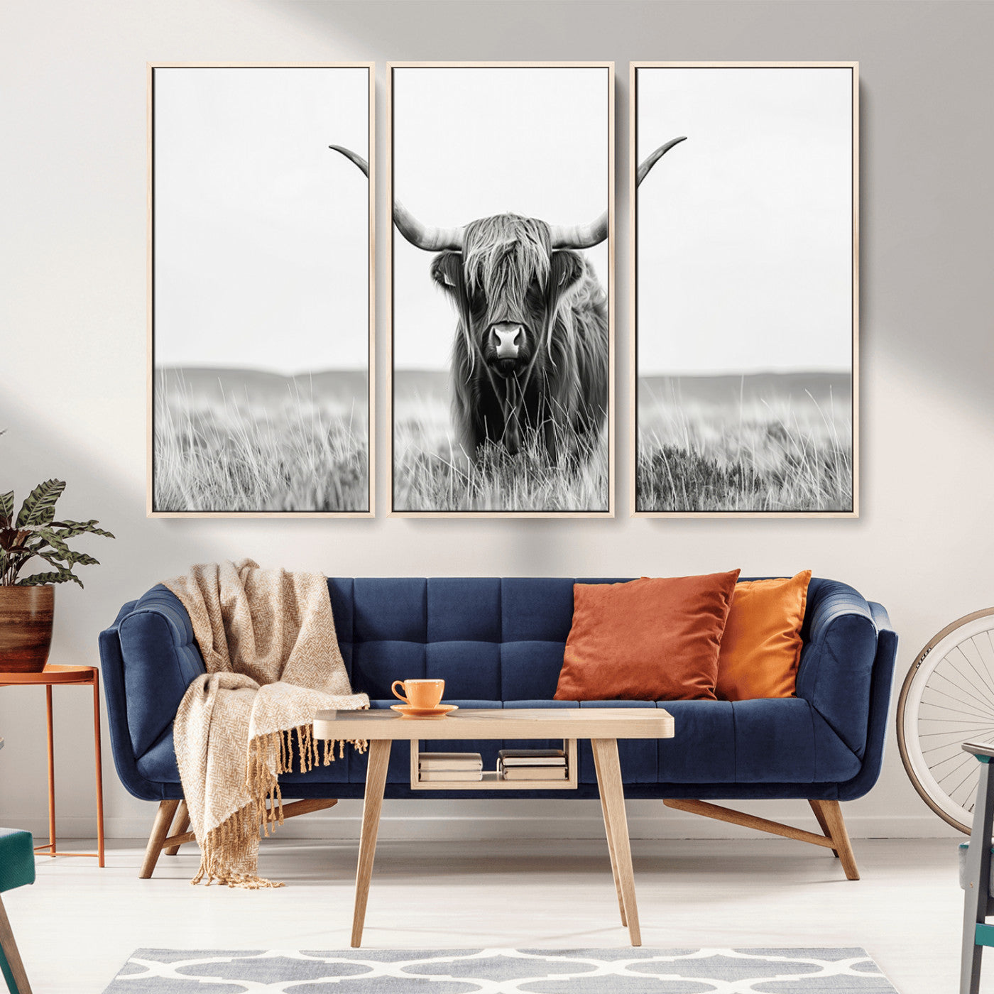 MGV-FC-48X32-3P - Highland Cow Canvas Wall Art – Majestic Beauty in Black and White – Ready to Hang