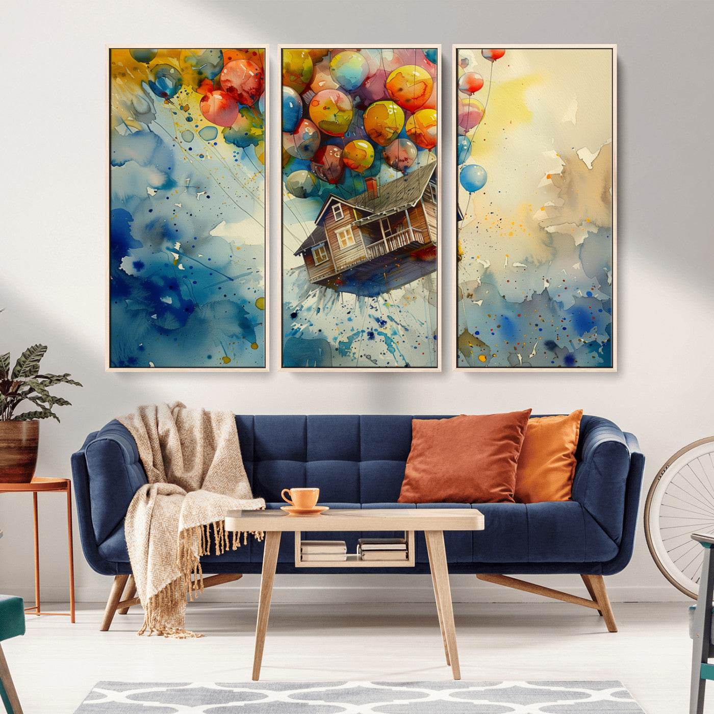 MGV-FC-48X32-3P - UP-Inspired Floating House with Balloons Canvas Art – Colorful 3-Panel Wall Decor for Living Room,