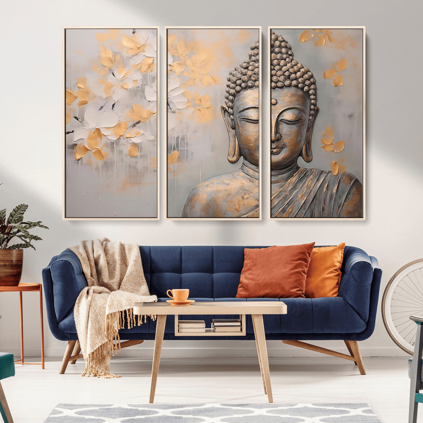 MGV-FC-48X32-3P - Abstract Buddha Statue Wall Art Canvas Print - Modern Meditation Decor for Living Room, Office, Yoga Studio Decor
