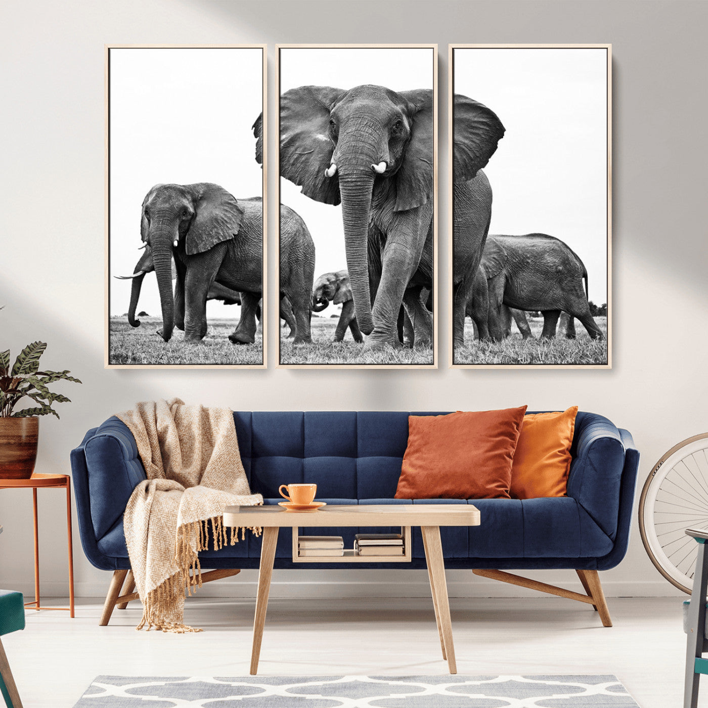 MGV-FC-48X32-3P - Black White Elephant Family Wall Art Canvas Print
