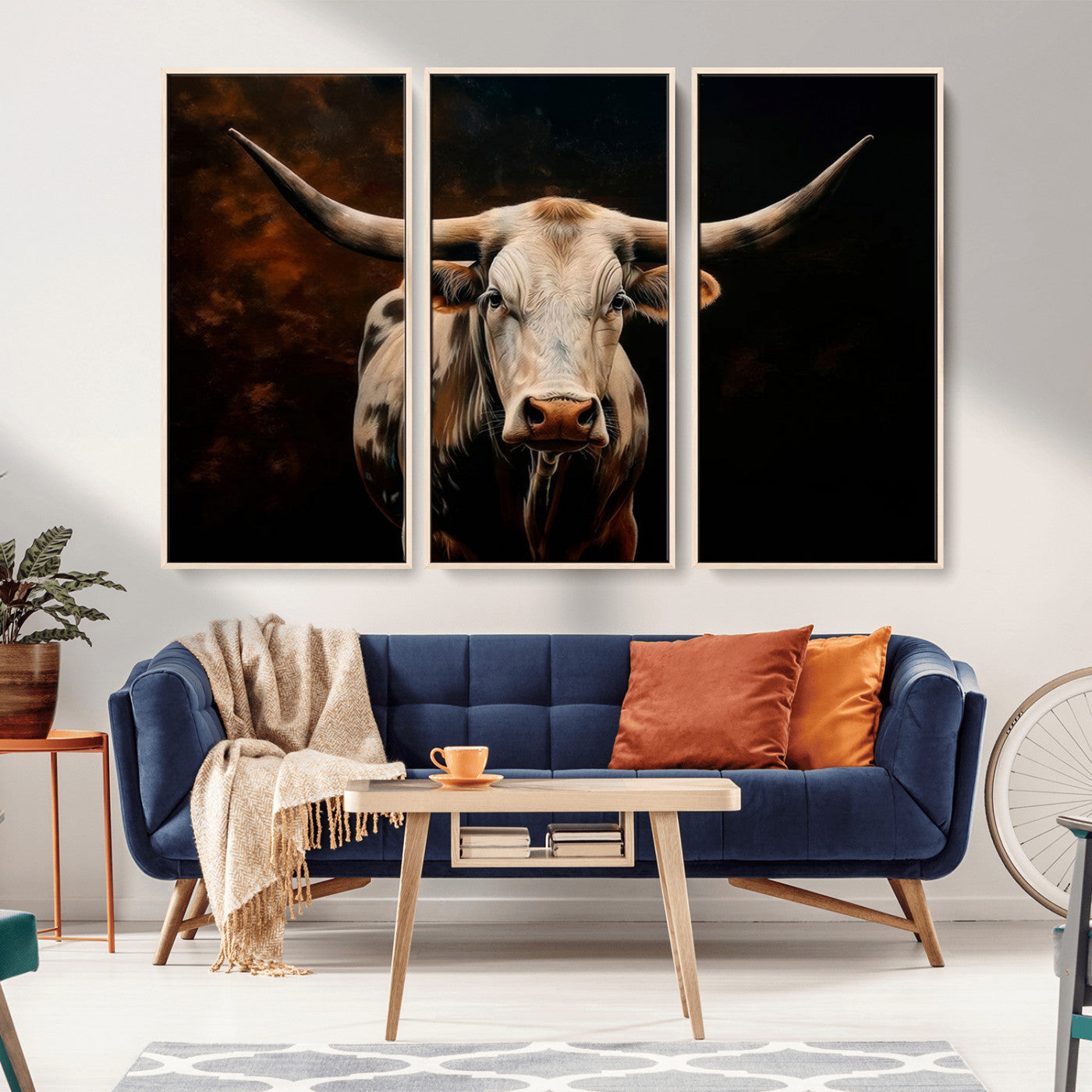 MGV-FC-48X32-3P - Texas Longhorn Wall Art | 3-Panel Large Texas Longhorn Canvas Print for Living Room, Office, or Farmhouse Decor | Framed Giclee Longhorn Wall Art