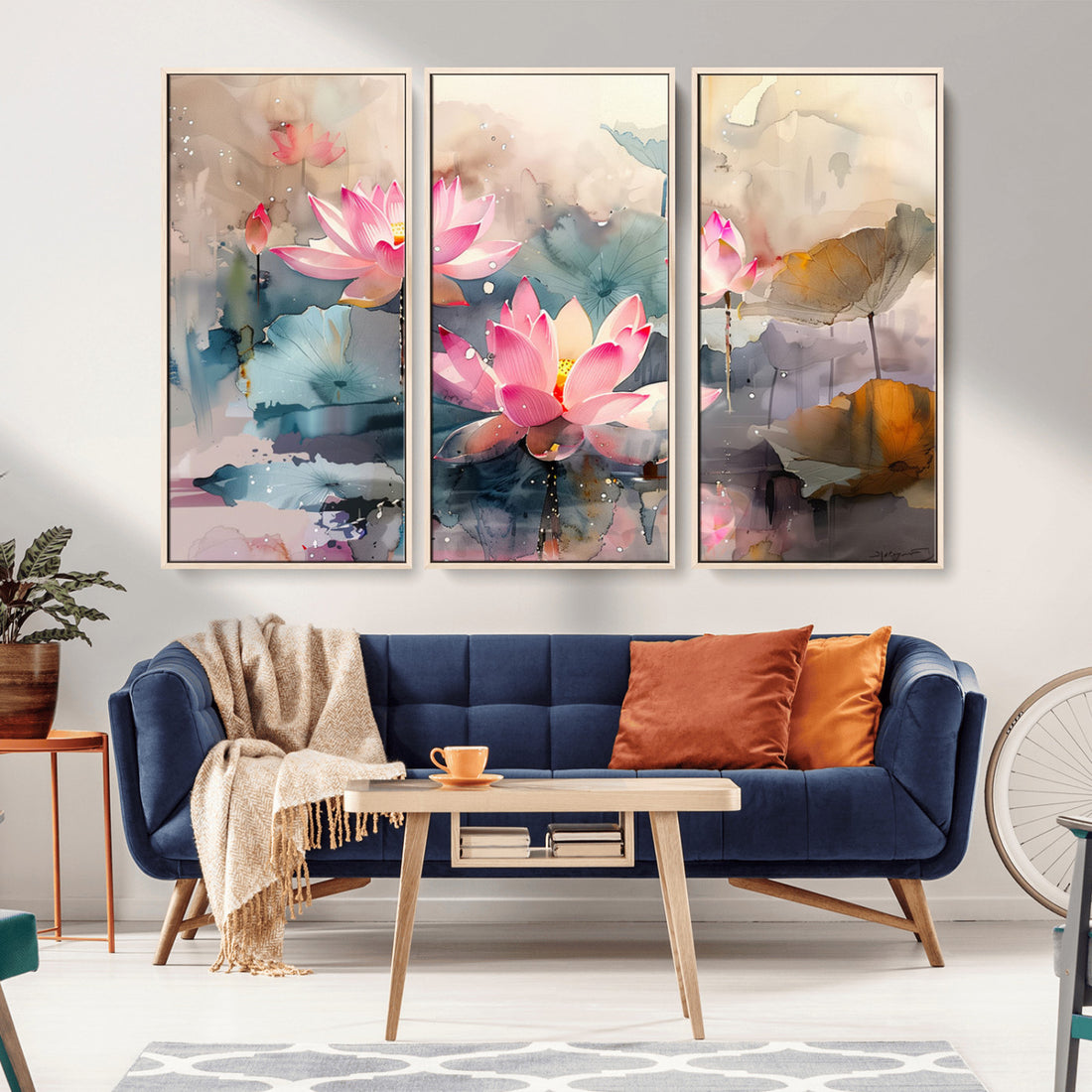 Lotus Flower Wall Art | 3 Panel Giclee Canvas Print of Pink Lotus Blossoms