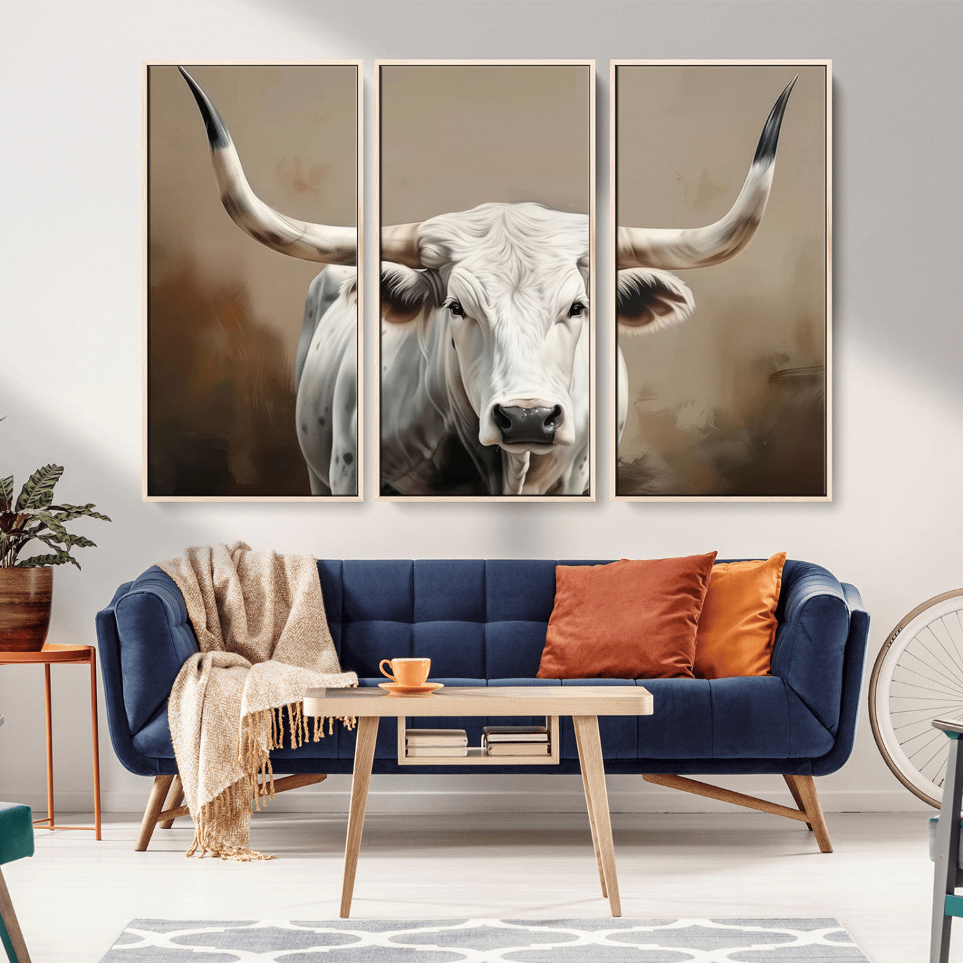 -White Longhorn Bull Wall Art Canvas Print – Framed and Ready to Hang – Perfect for Farmhouse and