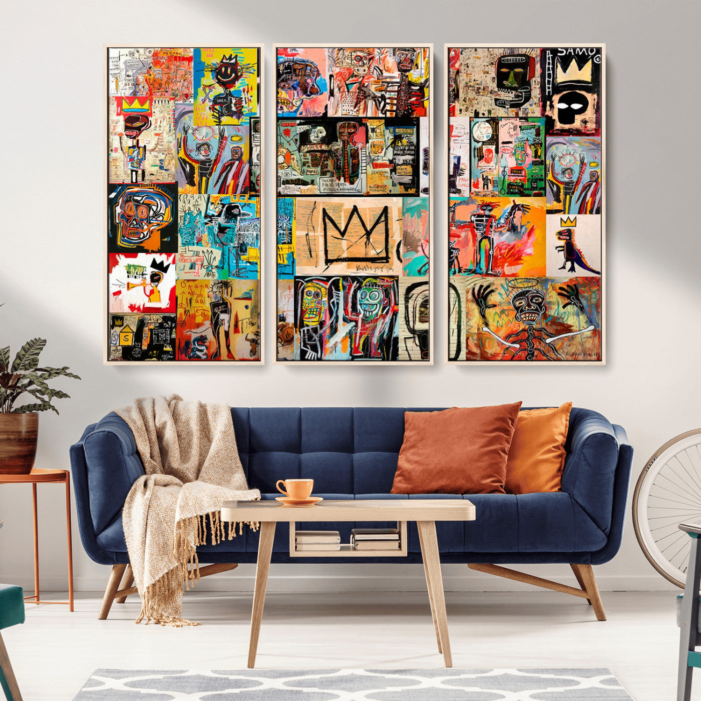 MGV-FC-48X32-3P - Basquiat Art Collage Wall Art Canvas Print – Framed, Ready to Hang, Urban Graffiti Style