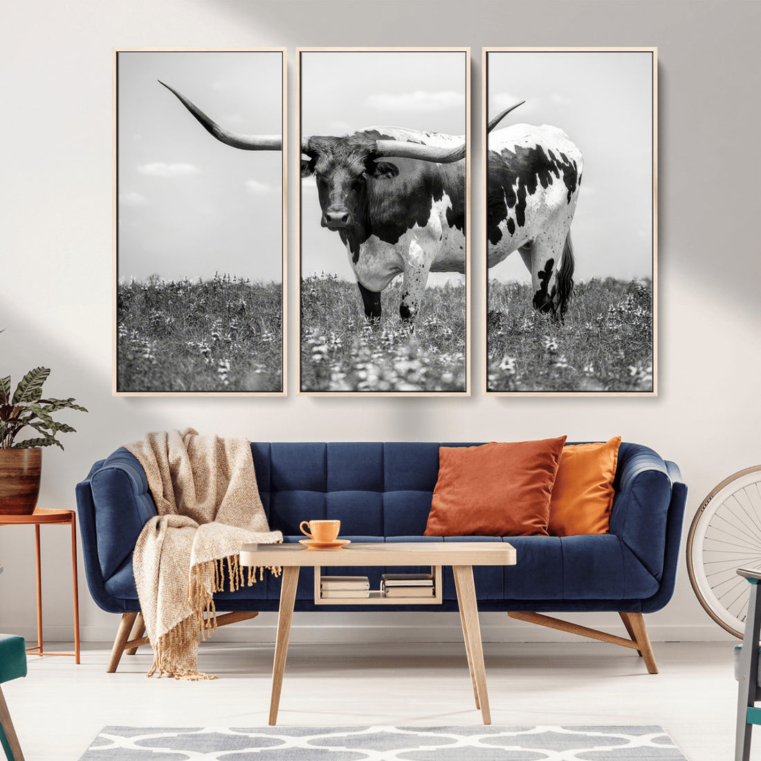 Texas Black White Highland Longhorn Cow Wall Art Canvas Print