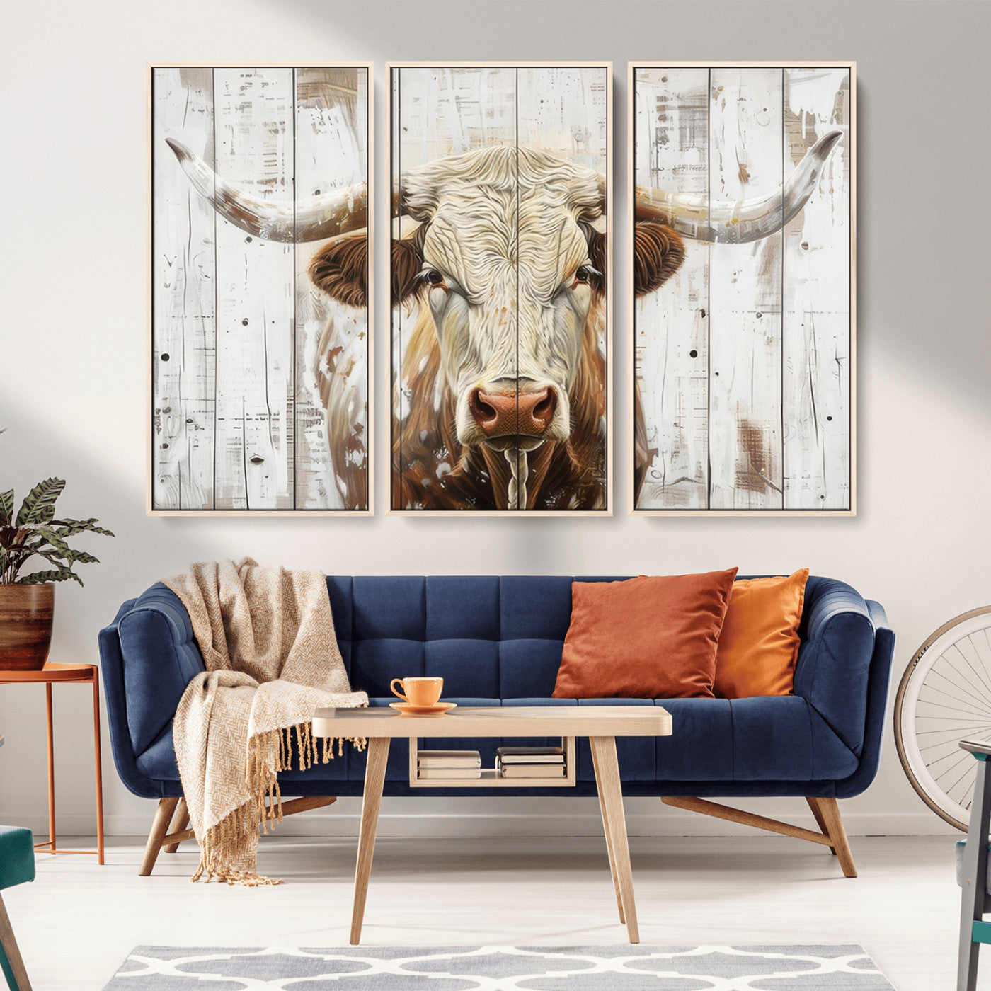 -Rustic Longhorn Bull Wall Art Canvas Set – Western-Inspired Farmhouse Décor - Ready to Hang
