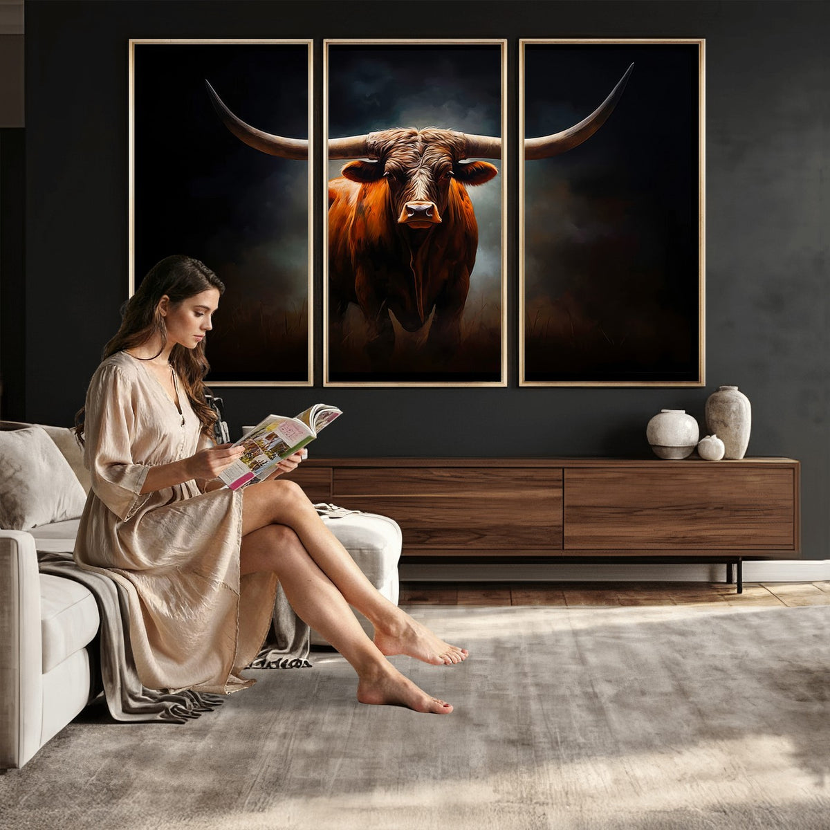 48896-MGV-CV-24X16 - Abstract Texas Longhorn Wall Art Print | 3-Panel Large Texas Longhorn Canvas