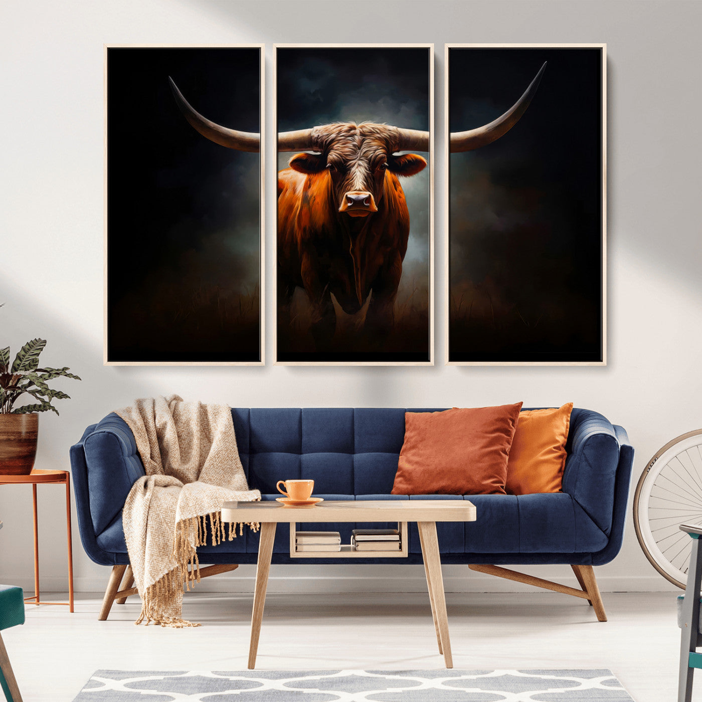 MGV-FC-48X32-3P - Abstract Texas Longhorn Wall Art Print | 3-Panel Large Texas Longhorn Canvas Print for Living Room, Office  Farmhouse Decor | Framed Longhorn Wall Art