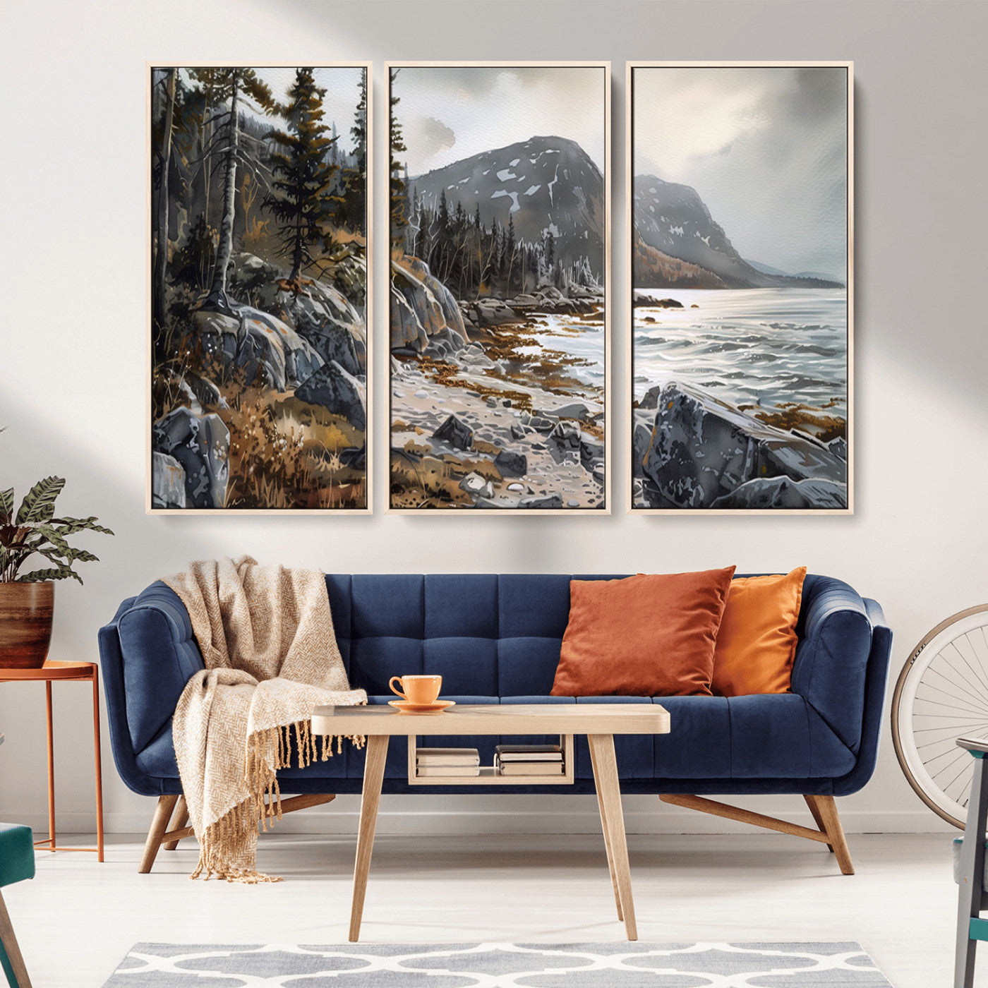 -Serene Coastal View of Acadia National Park - Stunning 3-Panel Wall Art Canvas Print, Framed, Ready
