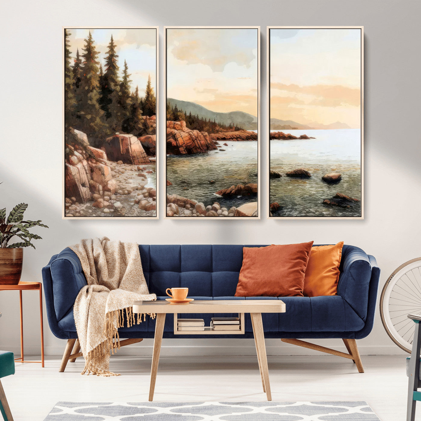 MGV-FC-48X32-3P - Serene Coastal View of Acadia National Park Wall Art - Stunning 3-Panel Wall Art Canvas Print, Framed, Ready to Hang