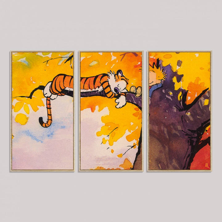 Premium canvas Calvin Wall Arts featuring a boy and tiger relaxing on a branch.