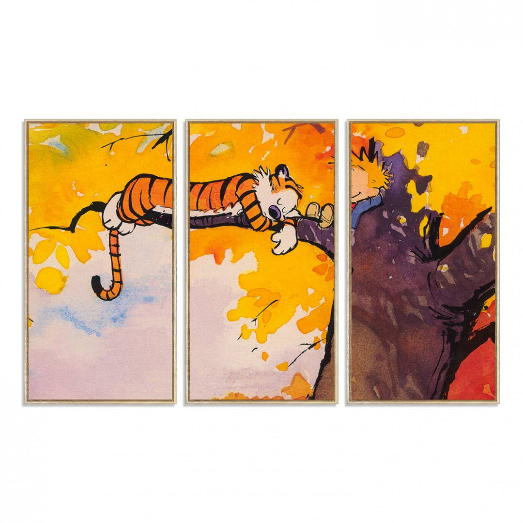 A wall art featuring a boy and a tiger amidst autumn leaves, reminiscent of the Calvin and Hobbes Tree Scene Canvas Print, ideal for creating a playful atmosphere.