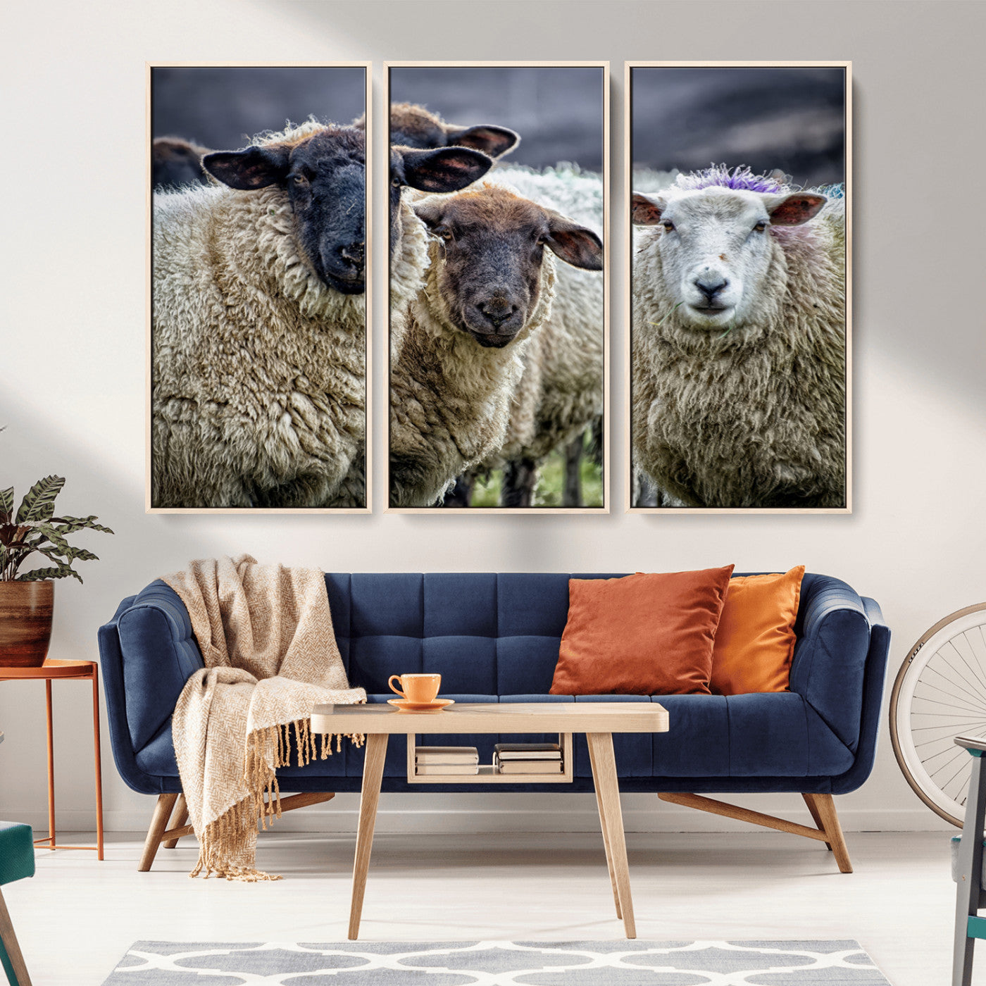 -Charming Sheep Portrait Wall Art – Trio of Woolly Companions Canvas Print, Framed, Ready to Hang