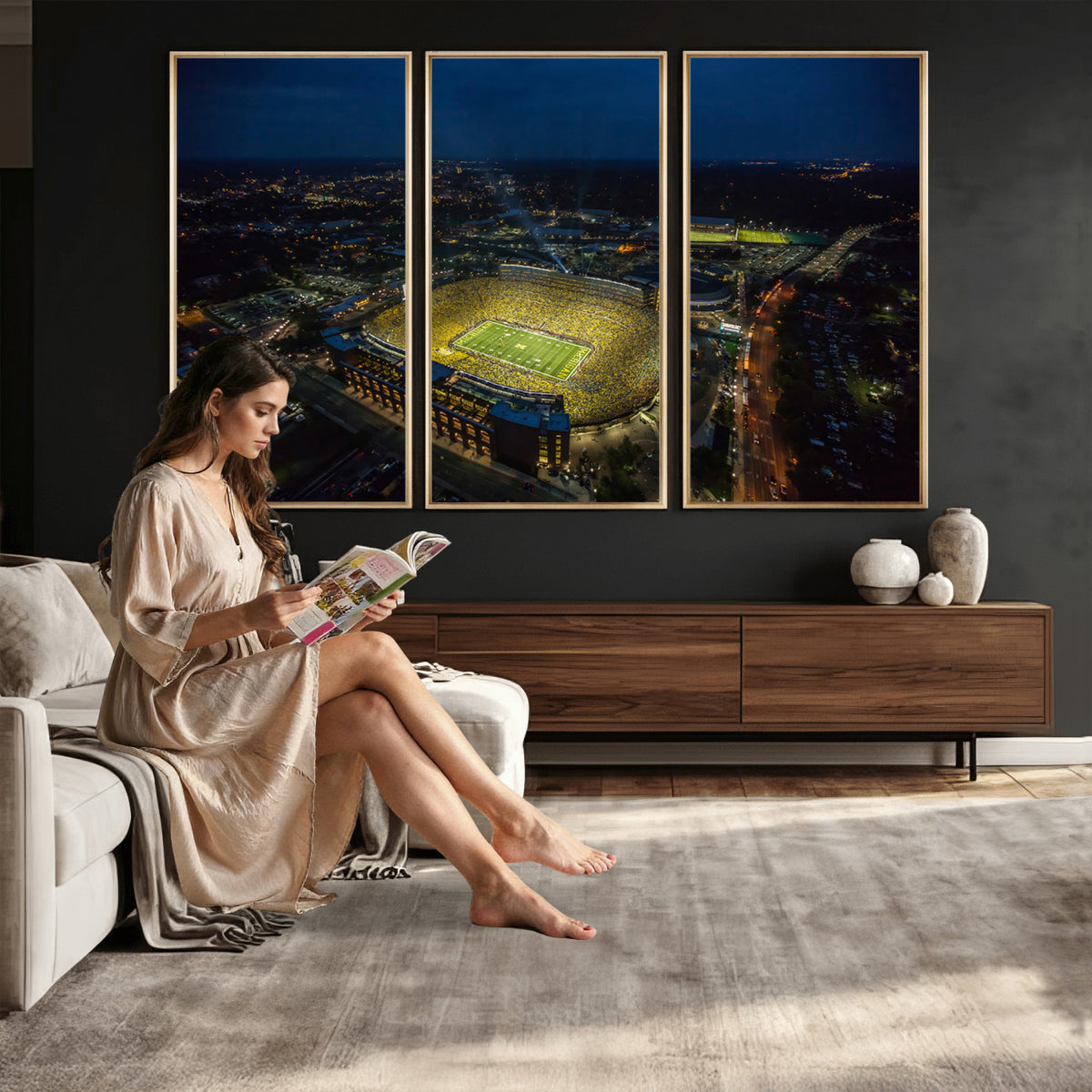 33588-MGV-CV-36X24 - Michigan Stadium Night Game Wall Art | Sports Arena Aerial View Canvas
