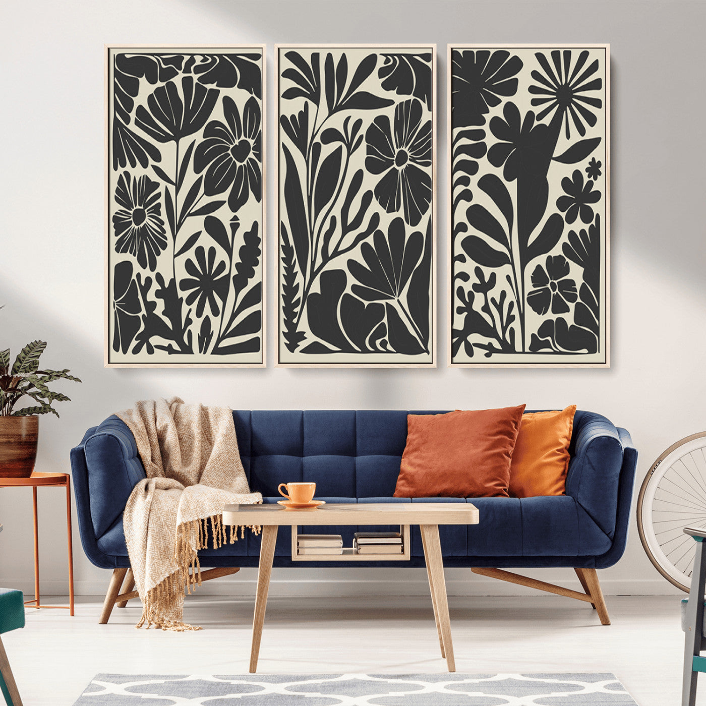 MGV-FC-48X32-3P - Modern Botanical Wall Art - Floral Black and White Canvas Print, Framed, Ready to Hang