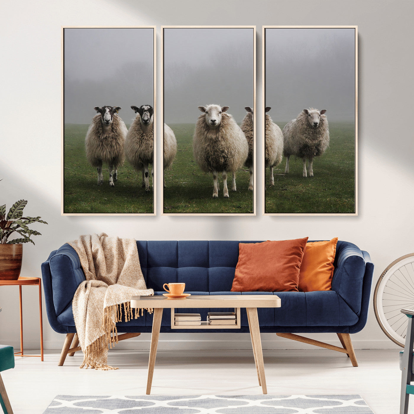 -Flock of Sheep in a Mystical Fog – Pastoral Wall Art Canvas Print, Framed, Ready to Hang