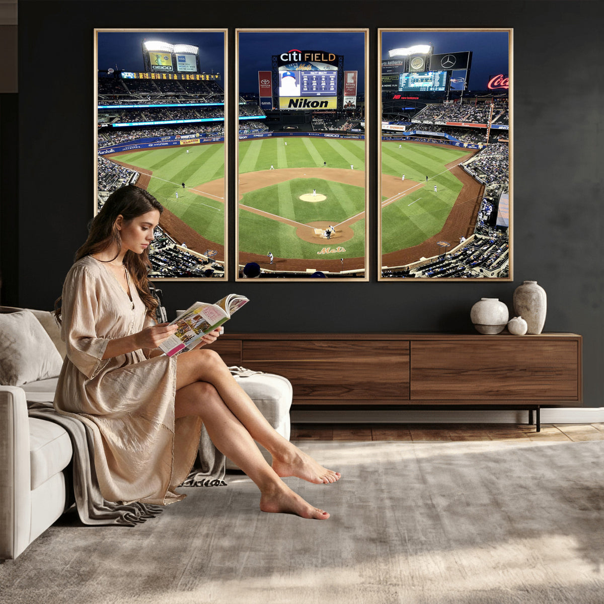 87666-MGV-CV-36X24 - Citi Field Wall Art Print | 3-Panel New York Mets Baseball Stadium Canvas Print | Framed Sports