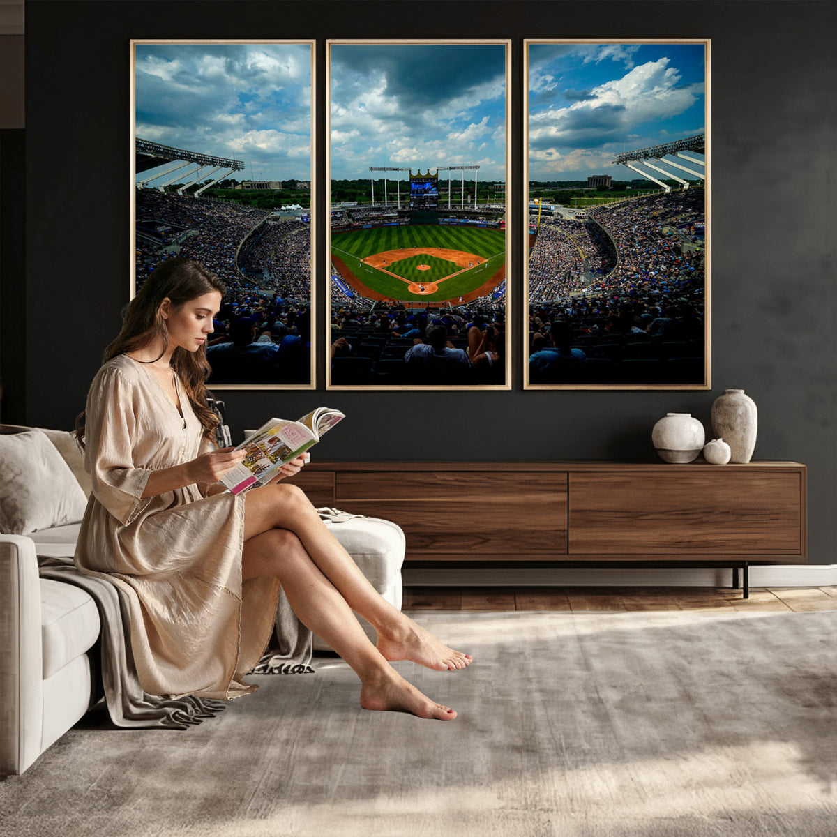37127-MGV-CV-36X24 - 3-Panel Kauffman Stadium Wall Art Print | Large Kansas City Royals Baseball Canvas
