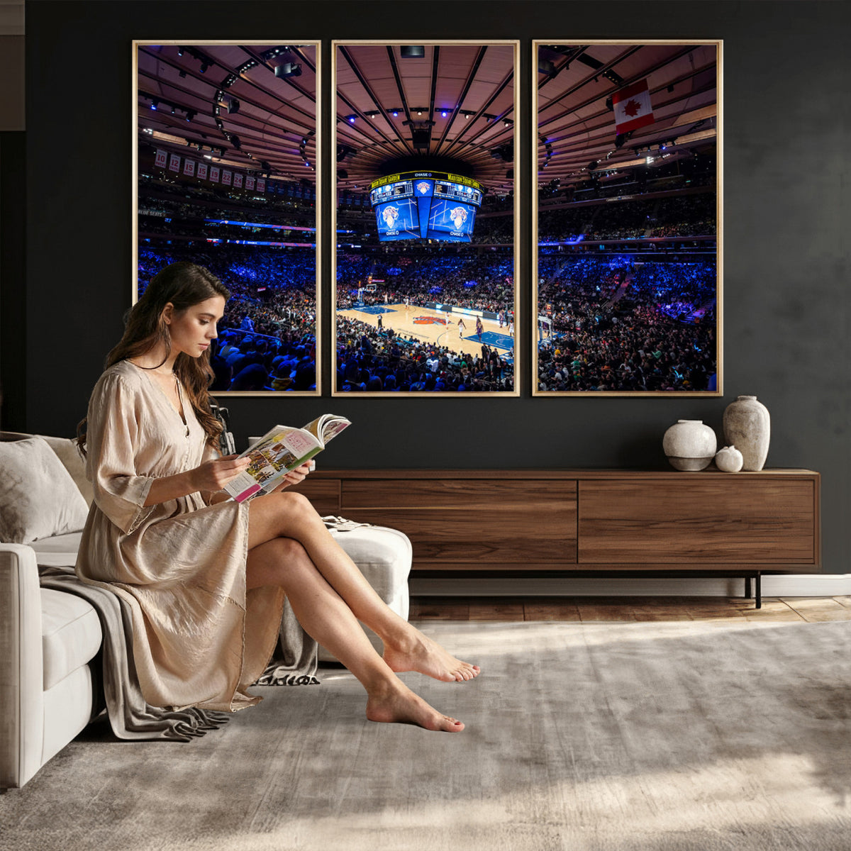 20491-MGV-CV-36X24 - Madison Square Garden Basketball Print Canvas, Basketball Game Triple Canvas Wall Art