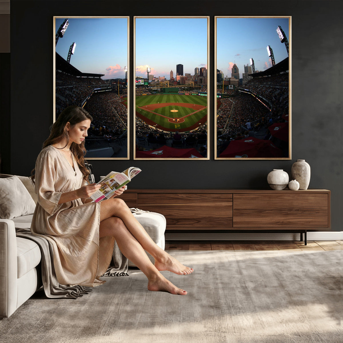 67670-MGV-CV-36X24 - PNC Park Evening Game Triple Canvas Wall Art | Pittsburgh Pirates MLB Stadium
