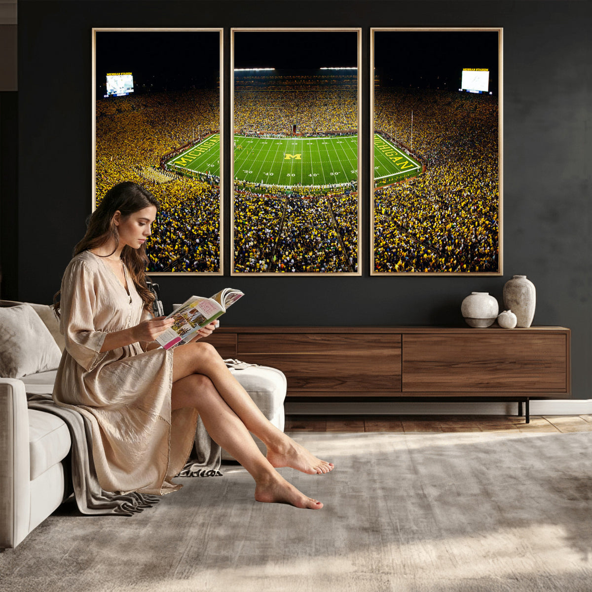 26166-MGV-CV-36X24 - Stadium in Michigan Wall Art Canvas Print, Framed American Football Stadium Art