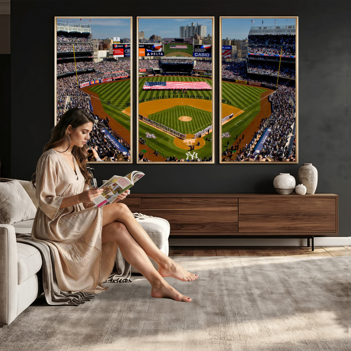 20879-MGV-CV-36X24 - Yankee Stadium New York Wall Art Print | 3-Panel Canvas Print of Yankees Baseball Stadium