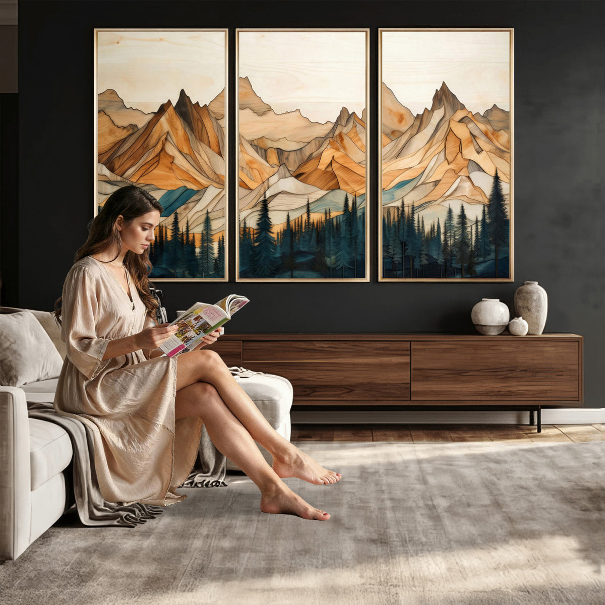 31576-PAN-FL-20X10 - Rustic Wood Mountain Wall Art Print | Triptych Giclee Print Featuring Handcrafted Forest and