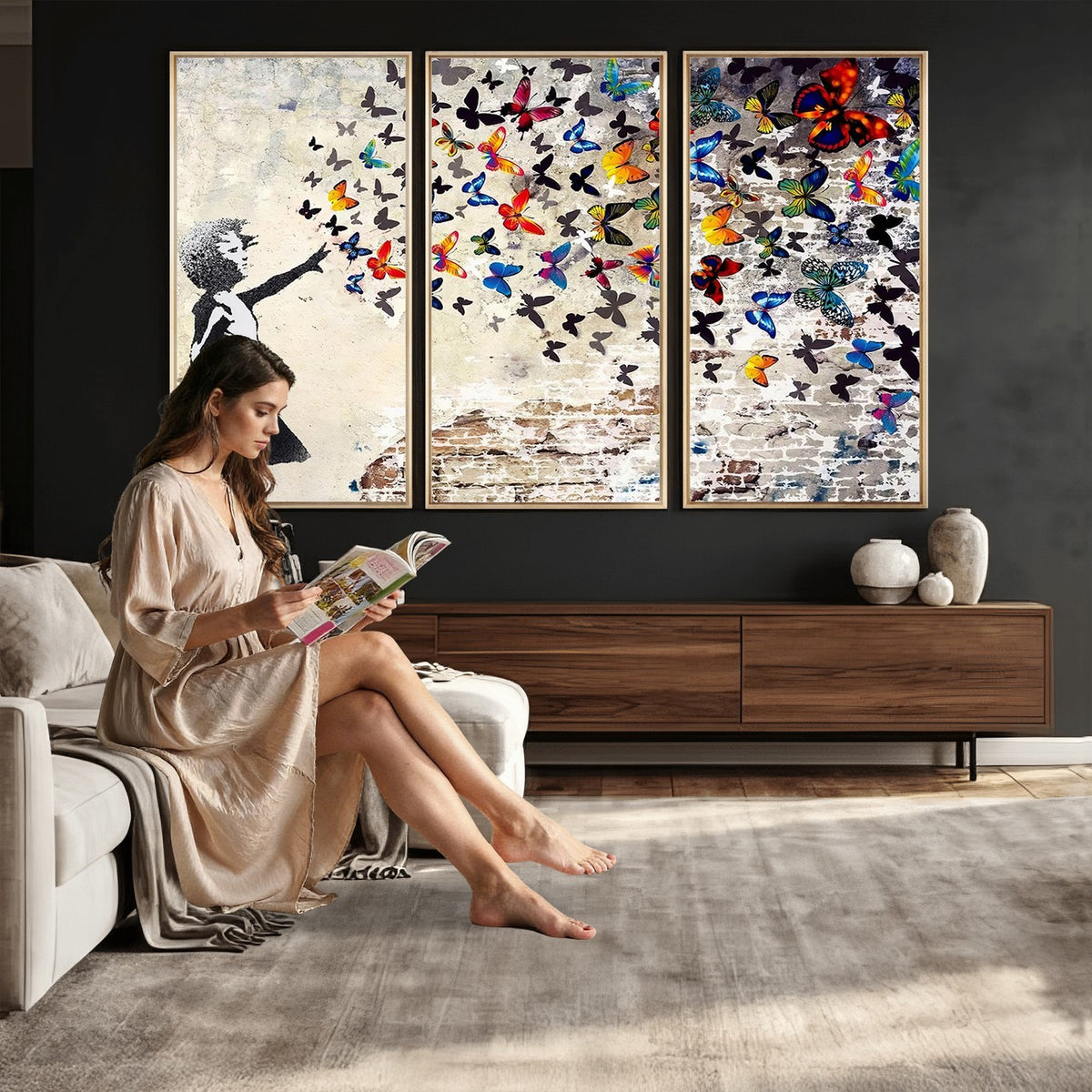 97895-MGV-CV-24X16 - Banksy Graffiti Wall Art Canvas Print, Girl Releasing Vibrant Butterflies